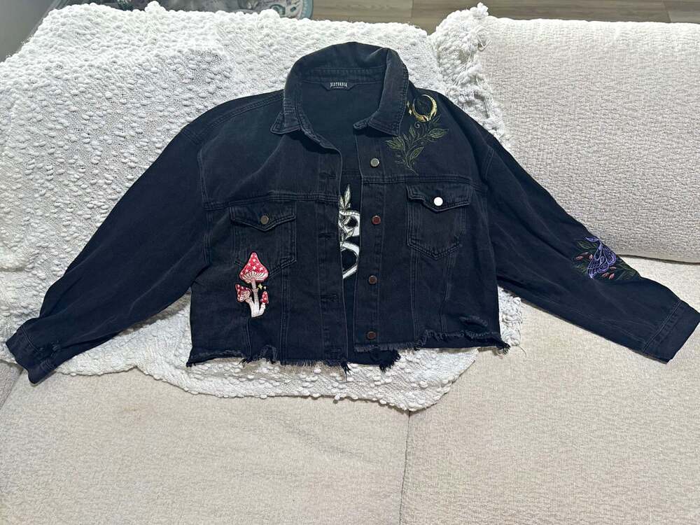 Disturbia Black Denim Cropped Jacket – Embroidered Mushroom, Snake & Moth Design
